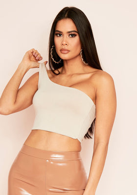 Mira Beige Basic One Shoulder Crop Top