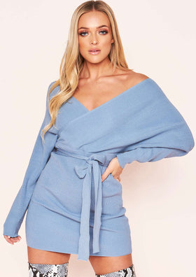 Rhea Blue Ribbed Wrap Belted Dress