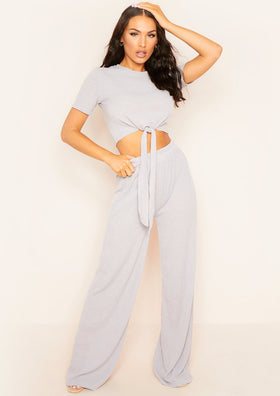 Lisa Grey Tie Front Crop Top And Wide Leg Trouser Ribbed Co-Ord