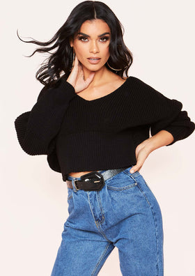 Lelia Black V Neck Knit Cropped Jumper