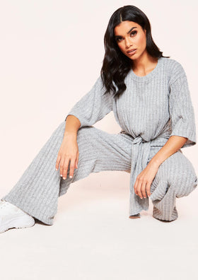 Lisa Grey Knit Ribbed Tie Co-ord Set