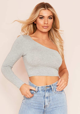 Siara Grey One Shoulder Long Sleeve Crop Top