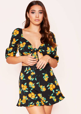 Alex Black Orange Print Frill Shorts