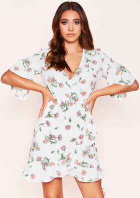 Nova White Floral Wrap Frill Dress