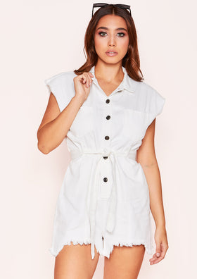 Felicity White Denim Distressed Belted Playsuit