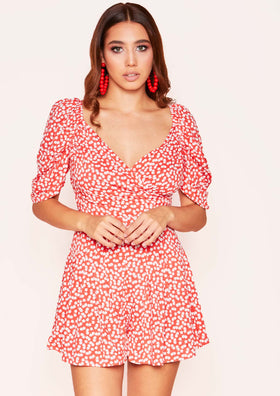 Lily Red Floral Wrap Playsuit
