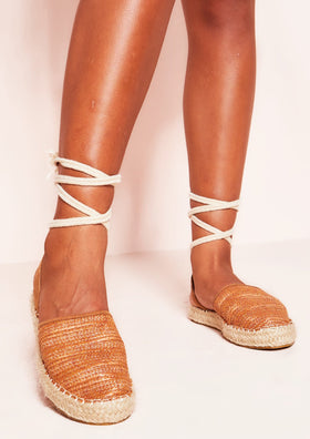 Maddie Tan Straw Woven Tie Espadrilles