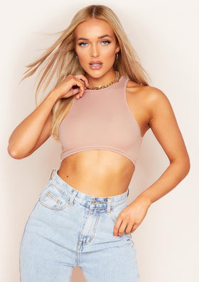 Leah Sand Extreme Racer Ribbed Curved Hem Crop Top
