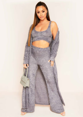 Kara Grey Fluffy Knit Pocket Front Maxi Cardigan