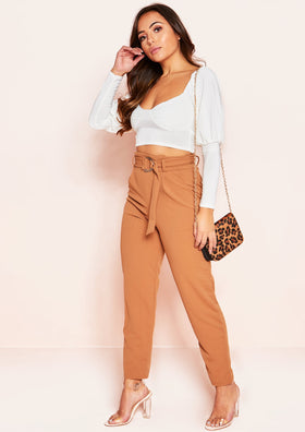 Mila Camel High Waist Belted Cigarette Trousers