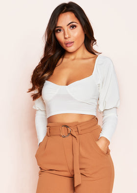 Ava Cream Ruched Long Sleeve Crop Top