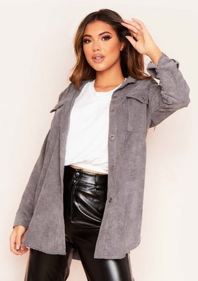 Leah Charcoal Oversized Pocket Front Cord Button Shirt