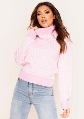 Megan Cream and Pink Dogtooth Roll Neck Jumper