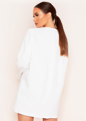 Sasha White Plunge Collarless Longline Oversized Blazer