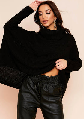 Leena Black Roll Neck Knitted Oversized Jumper