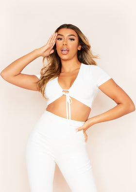 Zoe White Front Hoop Tie Slinky Crop Top