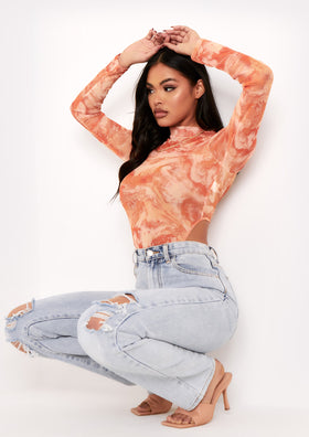 Lekka Orange Marble Print High Neck Long Sleeve Bodysuit