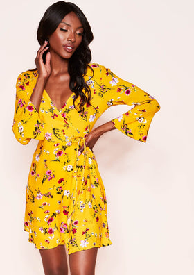 Mary Yellow Floral Wrap Frill Dress