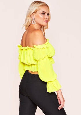 Lil Neon Yellow Bardot Frill Crop Top