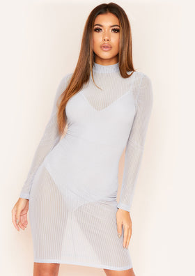 Aria Grey Pinstripe Mesh Mini Dress With Bodysuit