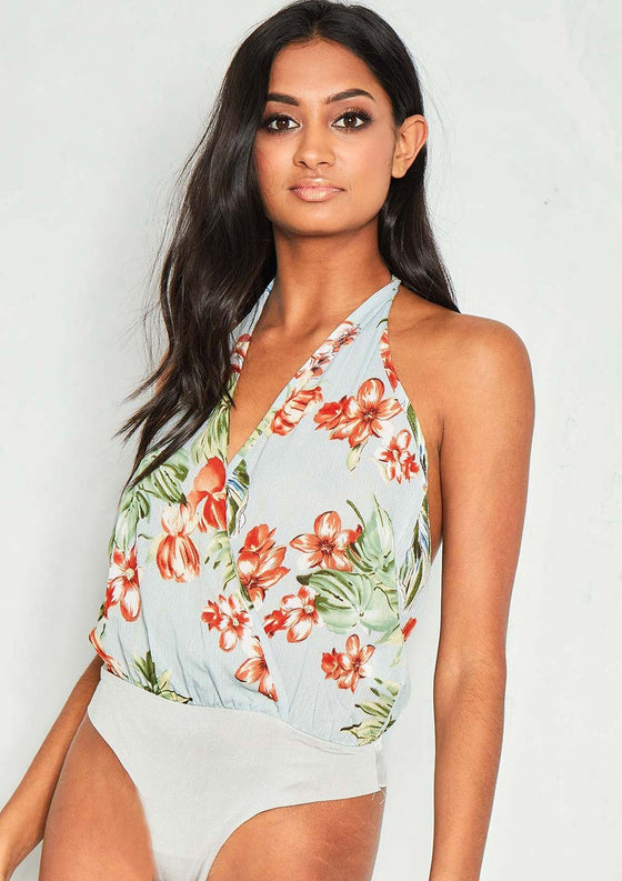 Helena Blue Floral Crepe Halterneck Bodysuit