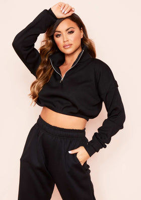 Nanine Black Ribbed Zip Up Crop Top