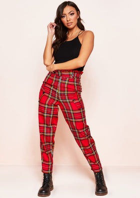 Tiana Red Checked High Waist Paperbag Trousers