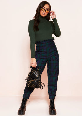 Tiana Navy Checked High Waist Paperbag Trousers