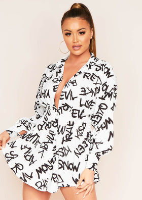 Aubrey White Slogan Cinched Waist Shirt Dress