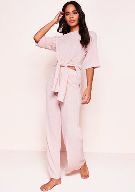 Lisa Baby Pink Knit Ribbed Tie Co-ord Set