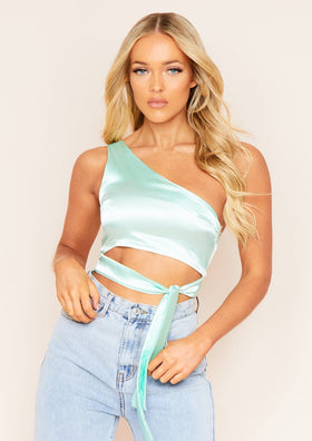 Ovidia Mint One Shoulder Satin Crop Top