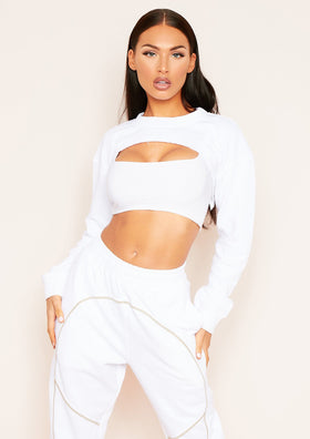 Vera White Super Crop Raw Hem Long Sleeve Sweater