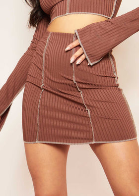 Louana Chocolate Contrast Stitch Ribbed Mini Skirt