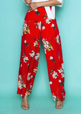 Judith Red Floral Wide Leg Trousers