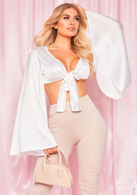 Palmer White Satin Extreme Flare Sleeve Crop Top