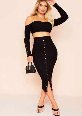 Ayla Black Knit Button Crop Top And Midi Co-Ord Set