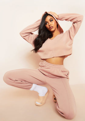 Rhea Beige V Neck Seam Detail Cropped Hoodie