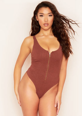 Psalm Brown Plunge Zip Ribbed Bodysuit