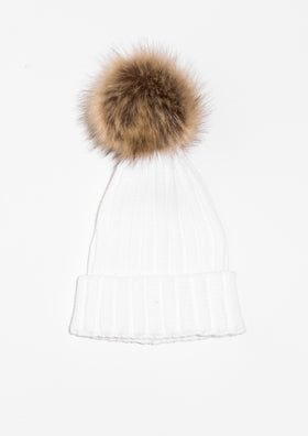 Karla Cream Ribbed Brown Pom Beanie