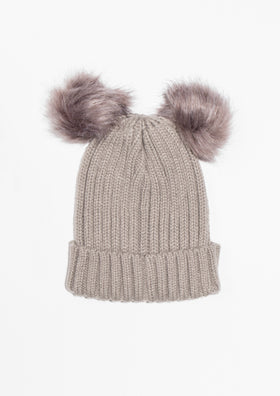 Fawn Grey Ribbed Double Pom Pom Beanie