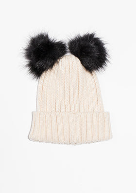 Fawn Cream Ribbed Double Pom Pom Beanie