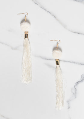 Grace Cream Pom Pom Tassel Earrings