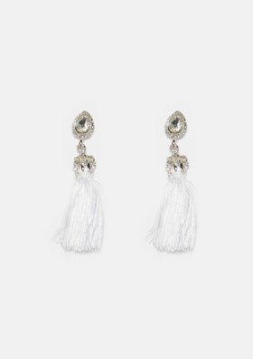 Elsa White Diamante Detail Tassel Earrings