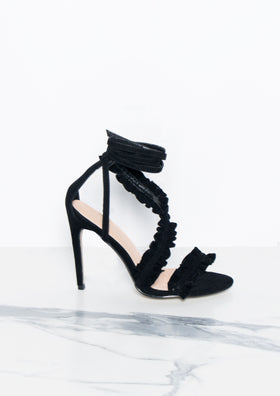 Tula Black Suede Ruffle Wrap Heels