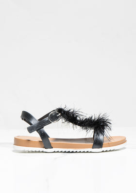 Grecia Black Fur Trimmed Flat Sandal