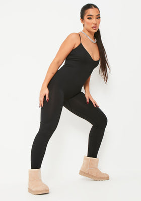 Kora Black Ribbed Seamless Strappy Jumpsuit