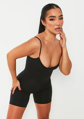 Sariah Black Ribbed Seamless Strappy Unitard