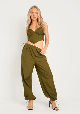 Sara Khaki Ruched Cargo Trousers With Toggle