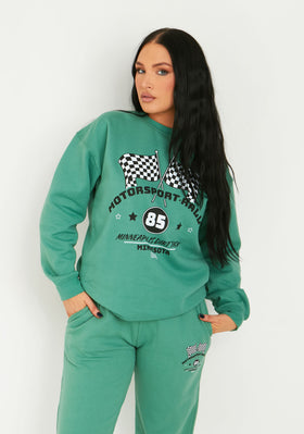 Leonie Washed Green Motocross Printed Sweatshirt