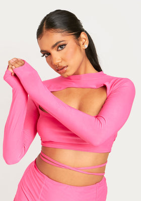 Izzie Pink Cut Out Lace Up Long Sleeve Crop Top
